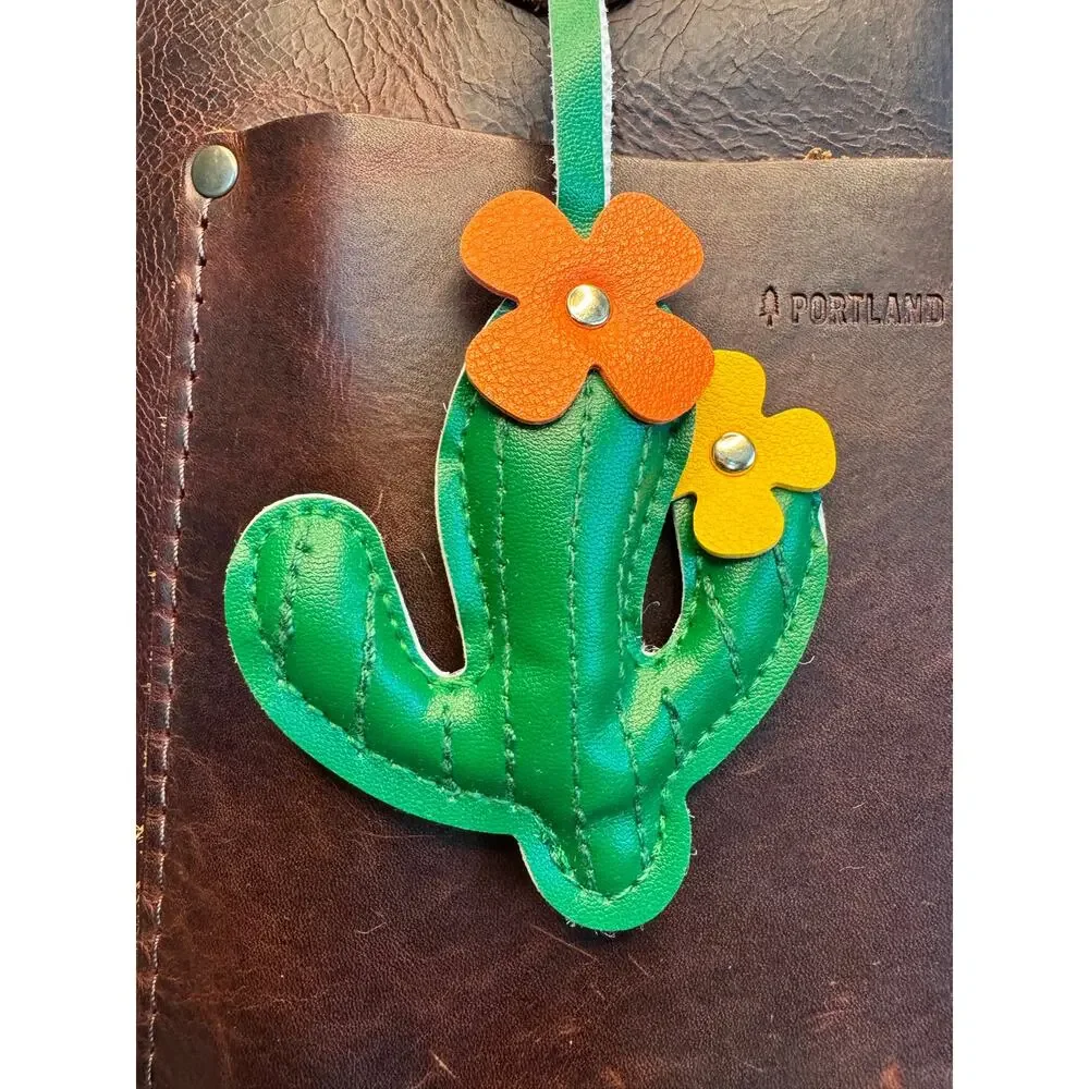 Vegan Leather Flower Cactus Keychain Purse Charm Boho Green Keychain Fast Ship